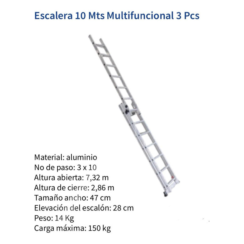 Escalera 10 Metros Multifuncional 30 Pasos Plegable Aluminio