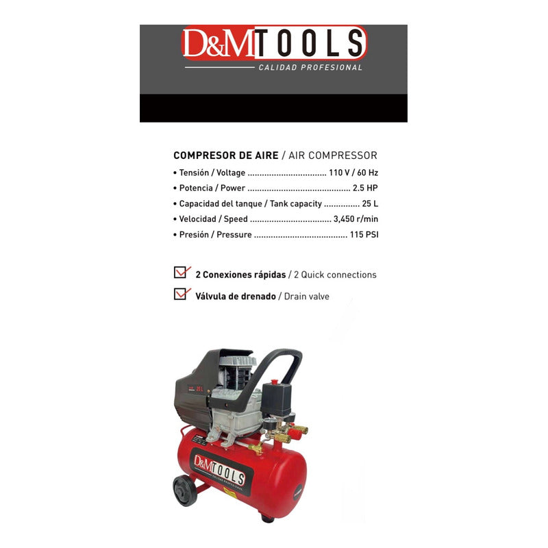Compresor De 2 Hp Doble Salida 1500 Wt 25 Litros