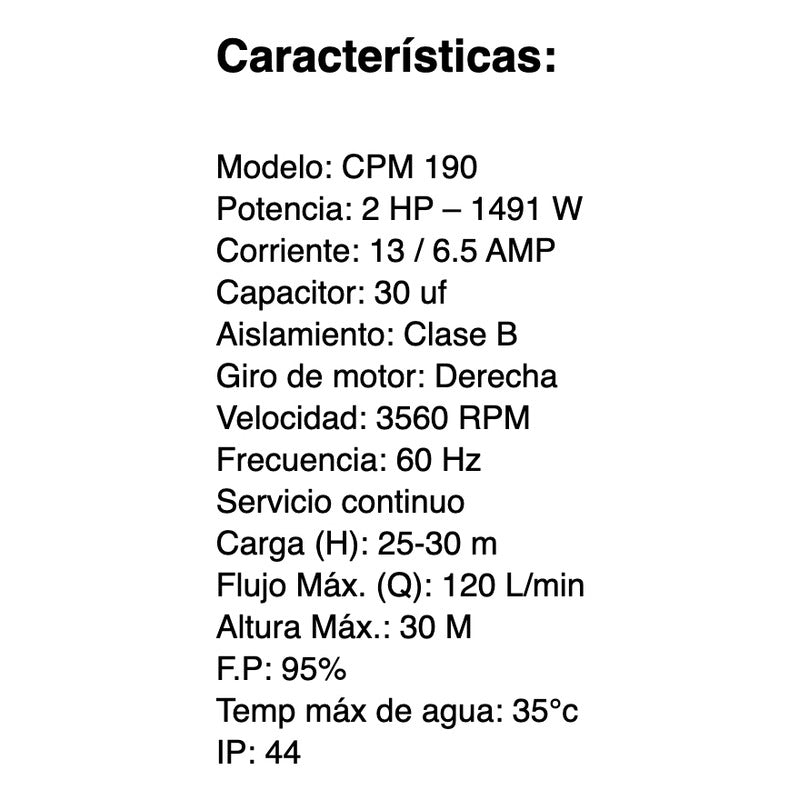 Motobomba Centrifuga 2hp Cpm 200 Trabajo Pesado