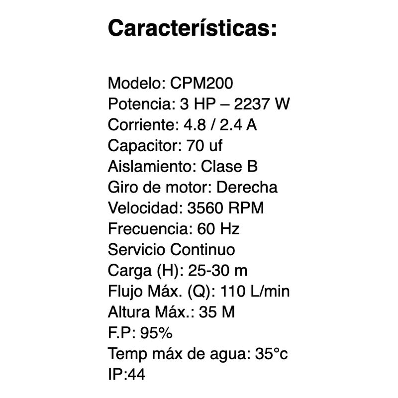 Motobomba Centrifuga 3hp Cpm 190 Trabajo Pesado